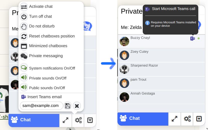 As Skype is no more, our chat system now supports Microsoft Teams. To use, just enter and save your Microsoft Teams email address in the chat options field. Then it's just a single click on Microsoft Teams icon to open Teams and start a video call etc!